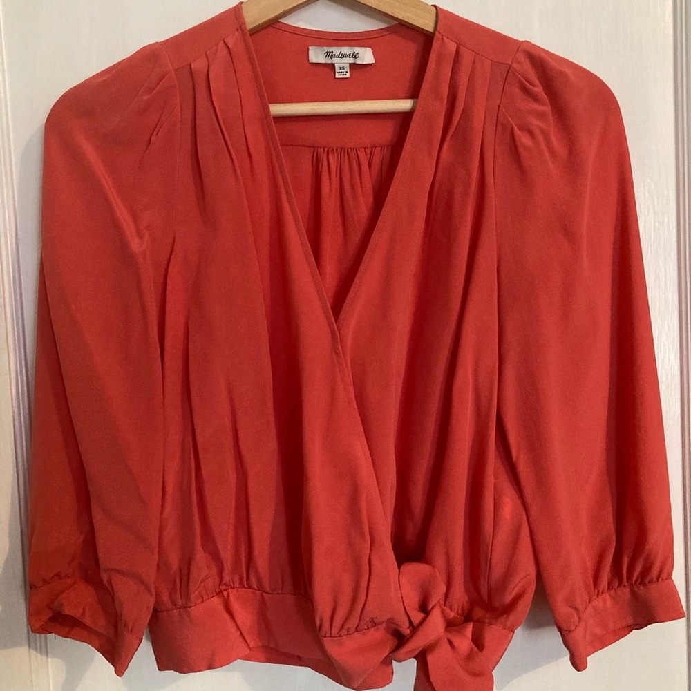 Madewell Coral Red Wrap-Style Blouse